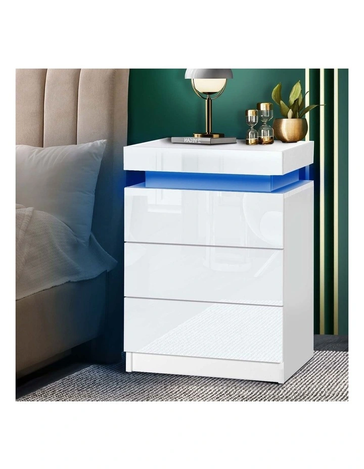 Oikiture Bedside Table RGB LED Nightstand Cabinet 3 Drawers Side Table Furniture image 4