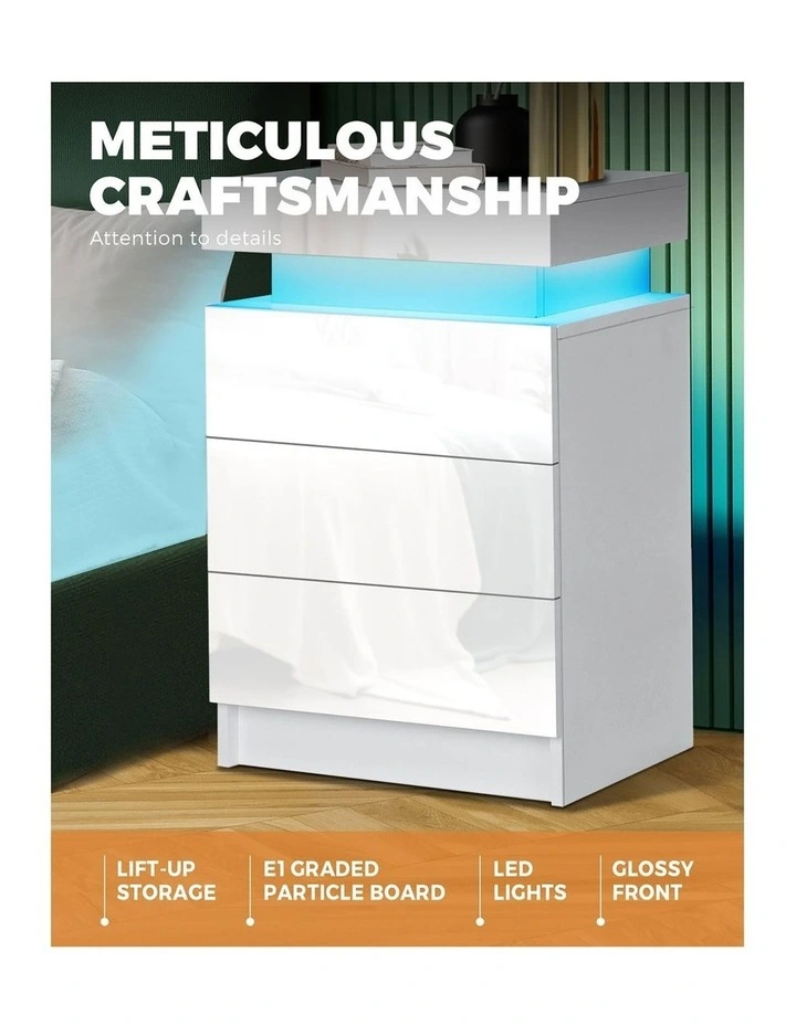 Oikiture Bedside Table RGB LED Nightstand Cabinet 3 Drawers Side Table Furniture image 5