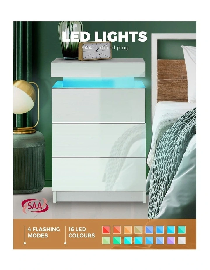 Oikiture Bedside Table RGB LED Nightstand Cabinet 3 Drawers Side Table Furniture image 6