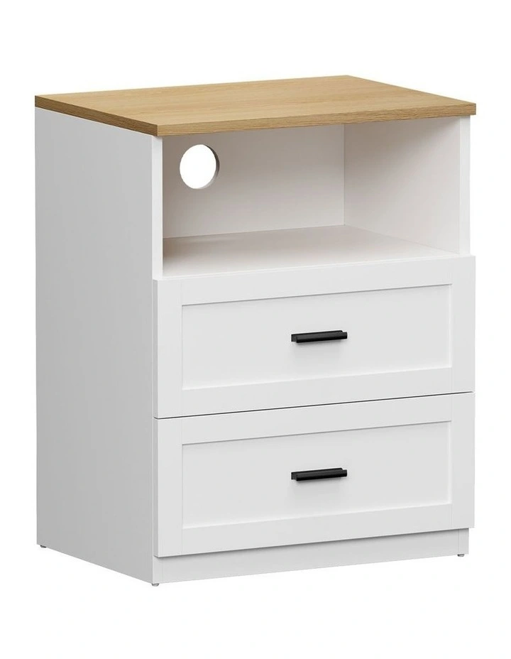 Oikiture Bedside Table 2 Drawers Open Shelf Nightstand Cabinet Natural&White image 1
