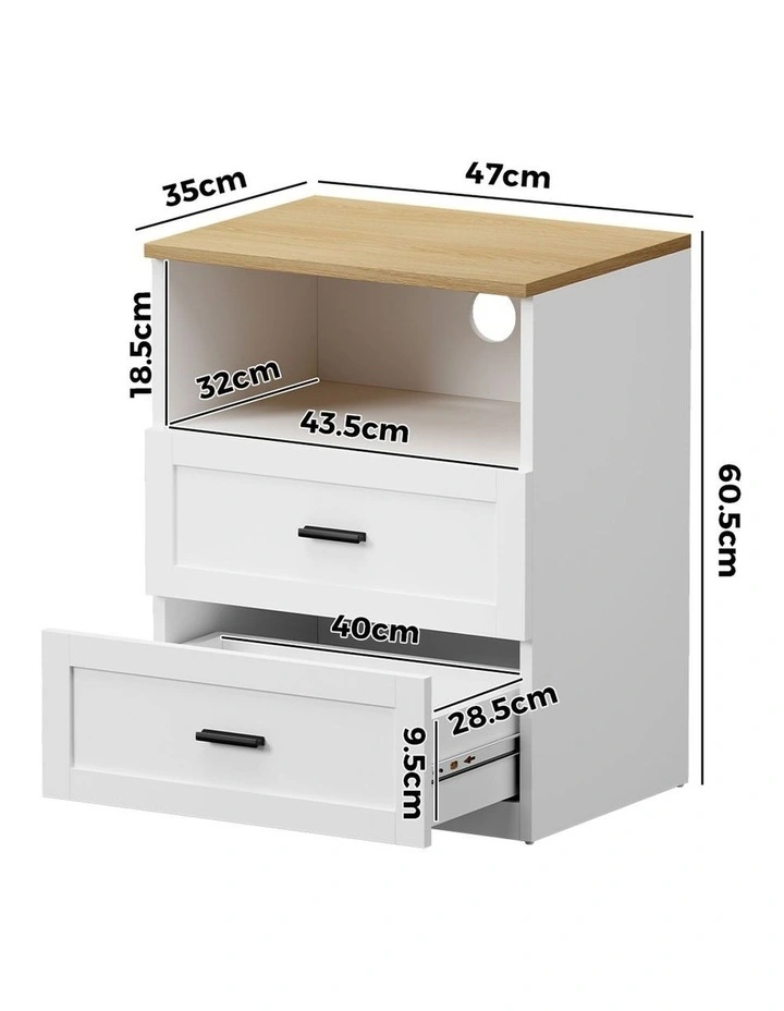 Oikiture Bedside Table 2 Drawers Open Shelf Nightstand Cabinet Natural&White image 3
