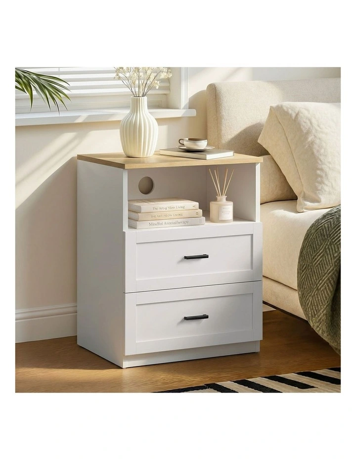 Oikiture Bedside Table 2 Drawers Open Shelf Nightstand Cabinet Natural&White image 4