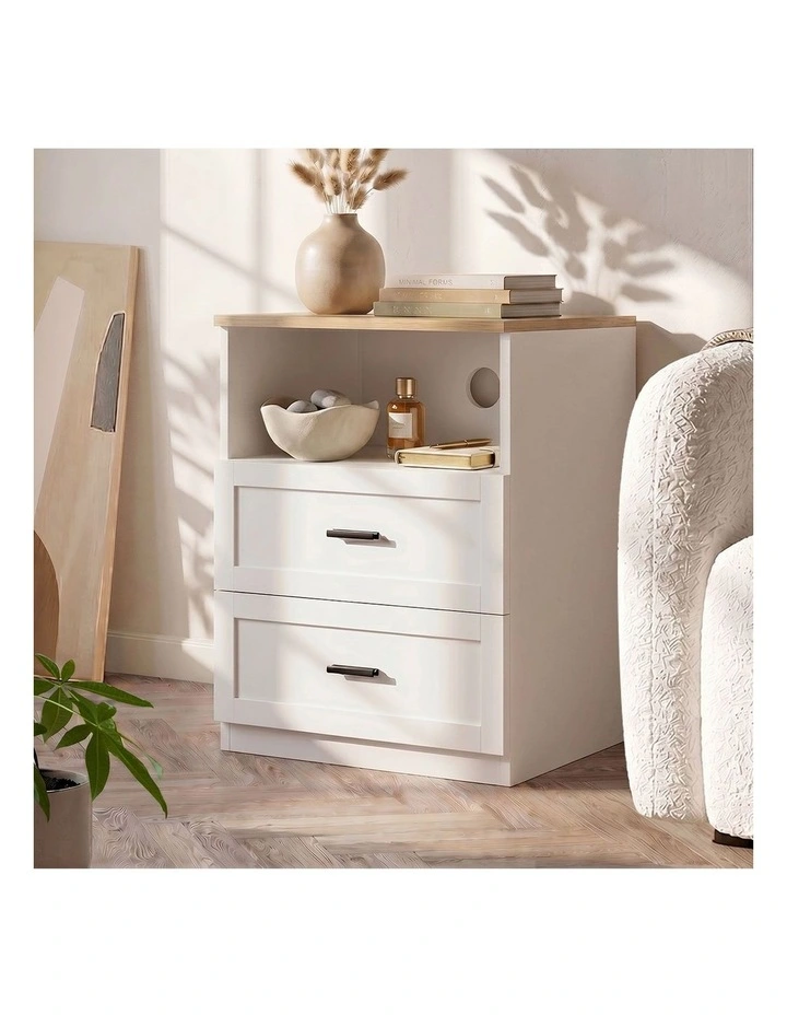 Oikiture Bedside Table 2 Drawers Open Shelf Nightstand Cabinet Natural&White image 5