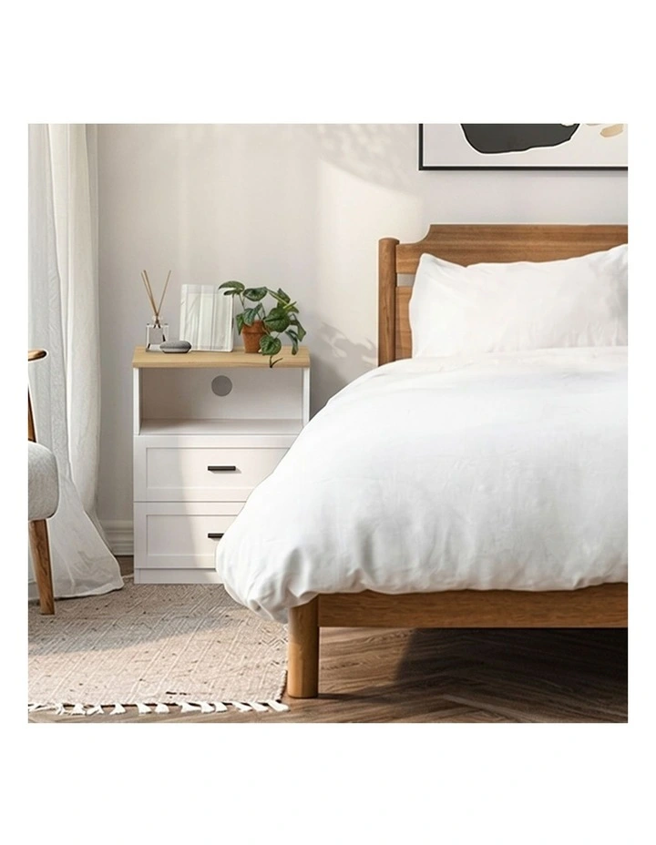 Oikiture Bedside Table 2 Drawers Open Shelf Nightstand Cabinet Natural&White image 7