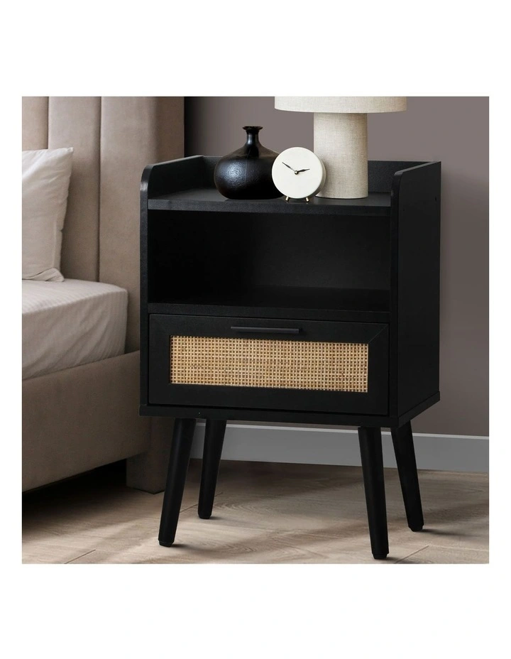 Oikiture Bedside Table Drawer Side End Table Storage Cabinet Nightstand Rattan image 4