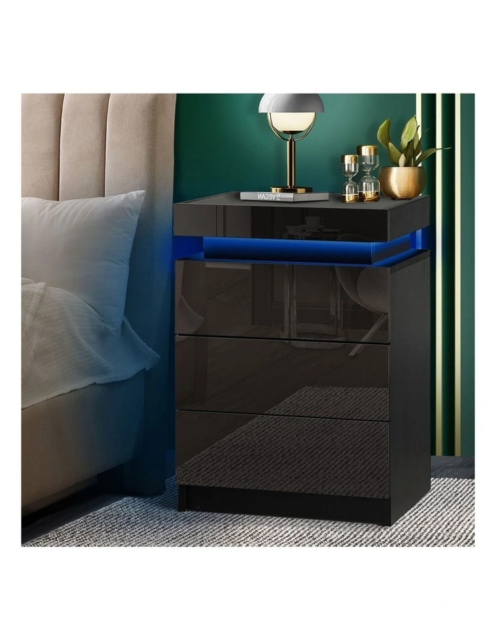 Oikiture Bedside Table RGB LED Nightstand Cabinet 3 Drawers Side Table Furniture image 4