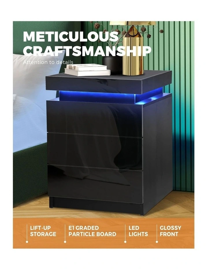 Oikiture Bedside Table RGB LED Nightstand Cabinet 3 Drawers Side Table Furniture image 5