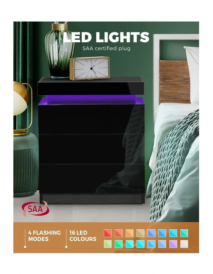 Oikiture Bedside Table RGB LED Nightstand Cabinet 3 Drawers Side Table Furniture image 6