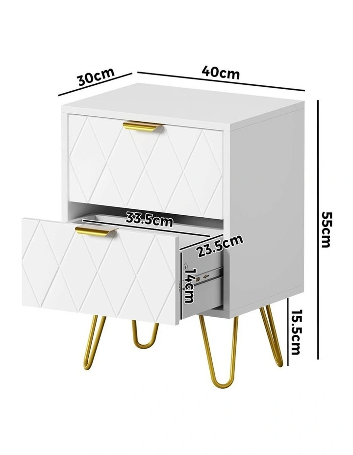 Oikiture Bedside Table 2 Drawers Gold Metal Nightstand Storage Cabinet White image 3