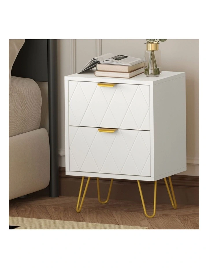 Oikiture Bedside Table 2 Drawers Gold Metal Nightstand Storage Cabinet White image 4