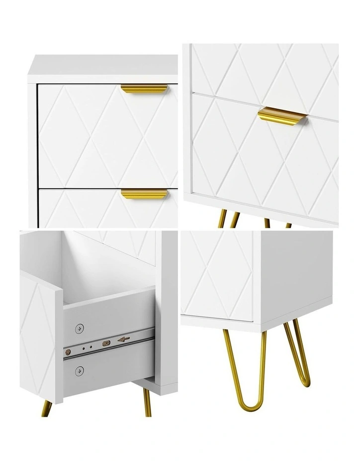 Oikiture Bedside Table 2 Drawers Gold Metal Nightstand Storage Cabinet White image 6