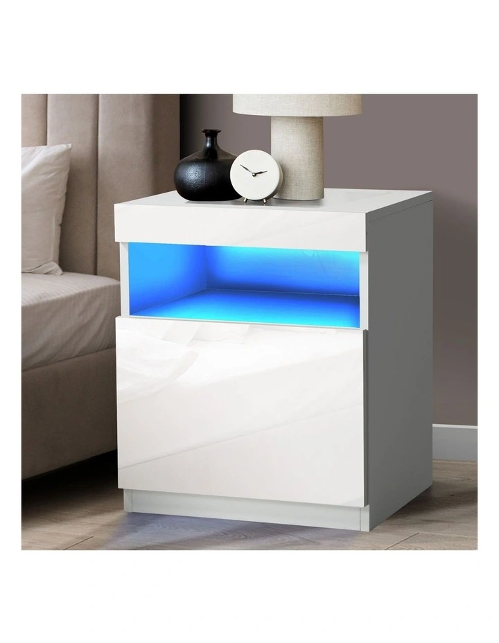 Oikiture Bedside Table LED Nightstand Shelf Side End Table Storage Cabinet White image 4