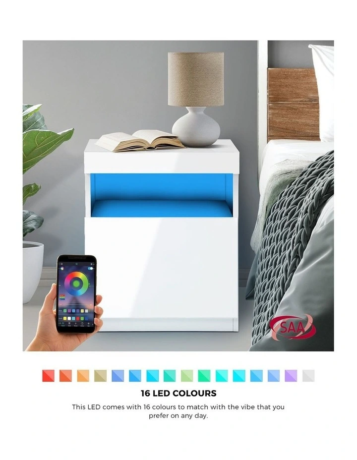 Oikiture Bedside Table LED Nightstand Shelf Side End Table Storage Cabinet White image 5