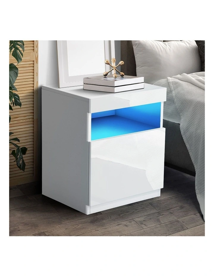 Oikiture Bedside Table LED Nightstand Shelf Side End Table Storage Cabinet White image 7