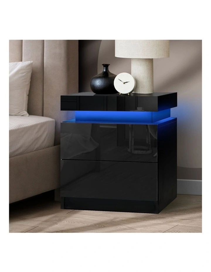Oikiture Bedside Table RGB LED Nightstand Cabinet 2 Drawers Side Table Furniture image 4
