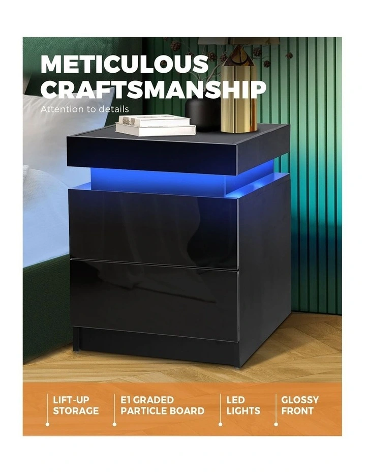 Oikiture Bedside Table RGB LED Nightstand Cabinet 2 Drawers Side Table Furniture image 5