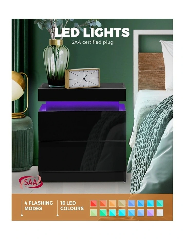 Oikiture Bedside Table RGB LED Nightstand Cabinet 2 Drawers Side Table Furniture image 6