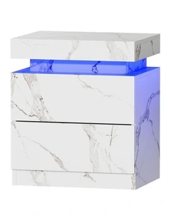 Oikiture Bedside Table 2 Drawers LED Side Tables Nightstand Marble Effect White