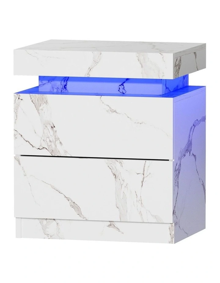 Oikiture Bedside Table 2 Drawers LED Side Tables Nightstand Marble Effect White image 1