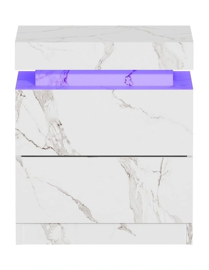 Oikiture Bedside Table 2 Drawers LED Side Tables Nightstand Marble Effect White image 2