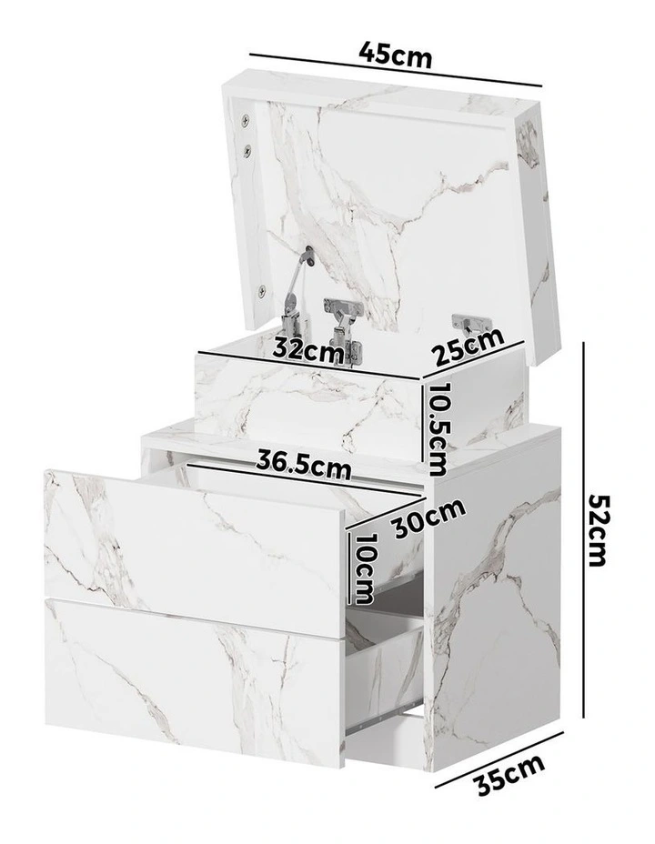 Oikiture Bedside Table 2 Drawers LED Side Tables Nightstand Marble Effect White image 3