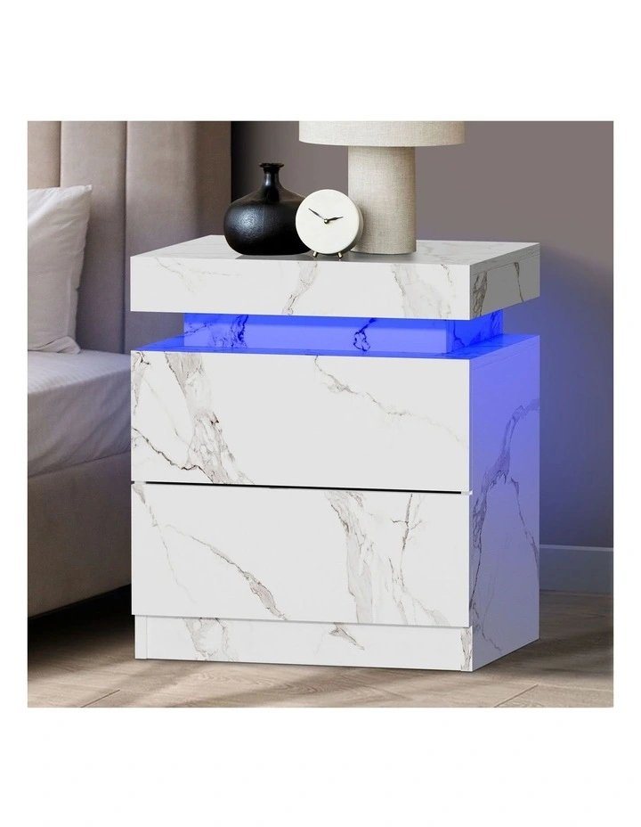 Oikiture Bedside Table 2 Drawers LED Side Tables Nightstand Marble Effect White image 4