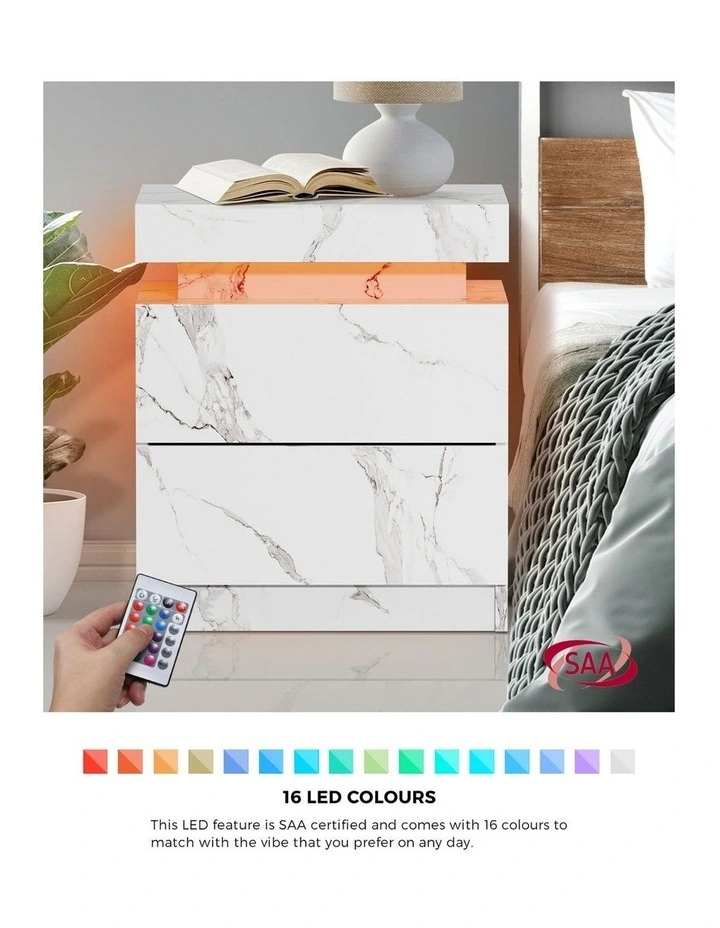 Oikiture Bedside Table 2 Drawers LED Side Tables Nightstand Marble Effect White image 5