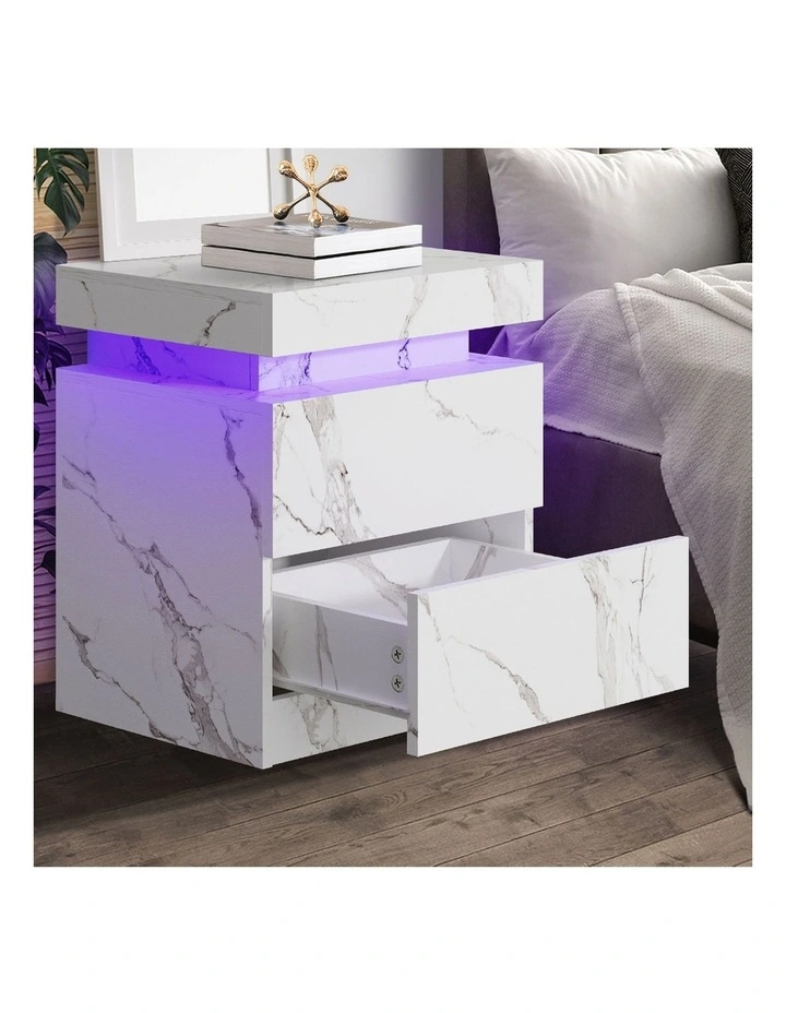 Oikiture Bedside Table 2 Drawers LED Side Tables Nightstand Marble Effect White image 7