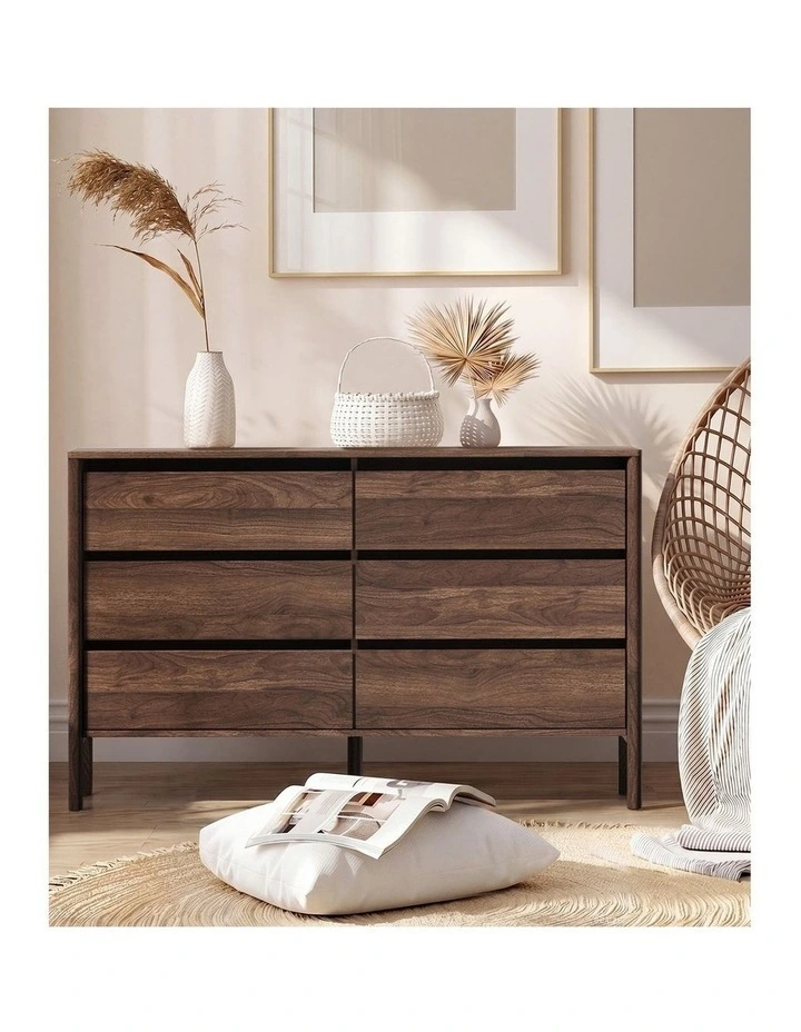 Oikiture 6 Chest Of Drawers Dresser Lowboy Storage Handle-Free Bedroom Walnut image 5