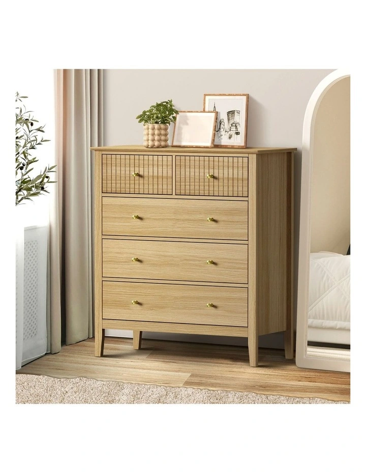 Oikiture 5 Chest of Drawers Dresser Storage Cabinet Tallboy Natural image 4