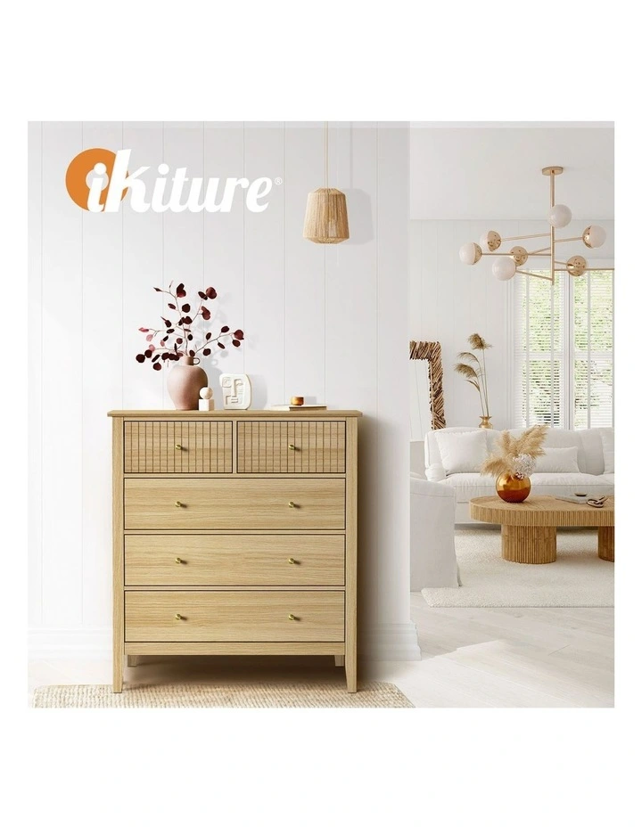 Oikiture 5 Chest of Drawers Dresser Storage Cabinet Tallboy Natural image 7