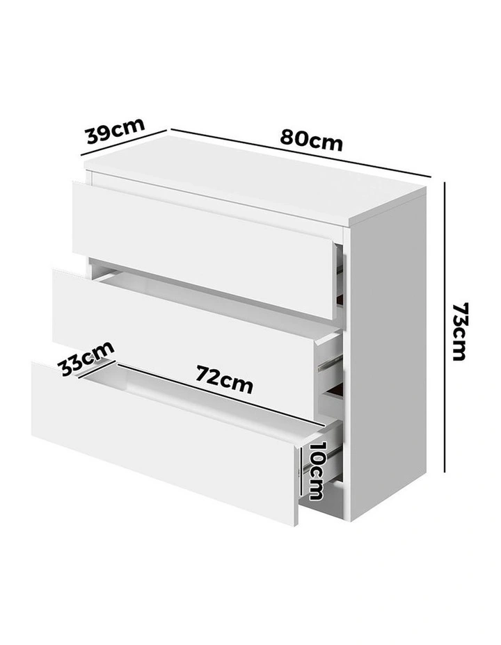 Oikiture 3 Chest of Drawers Lowboy Dresser Table Storage Cabinet Bedroom White image 3