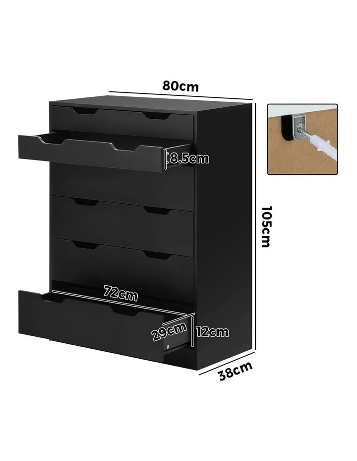Oikiture 6 Chest of Drawers Tallboy Storage Cabinet Dresser Bedroom Black image 3