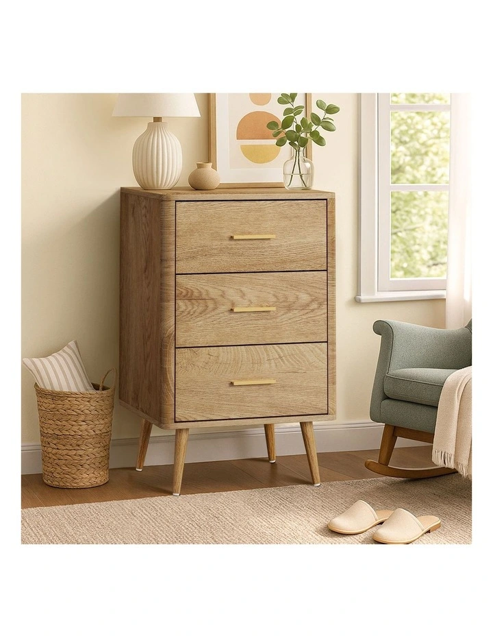 Oikiture 3 Chest of Drawers Dresser Tallboy Storage Cabinet Natural image 5