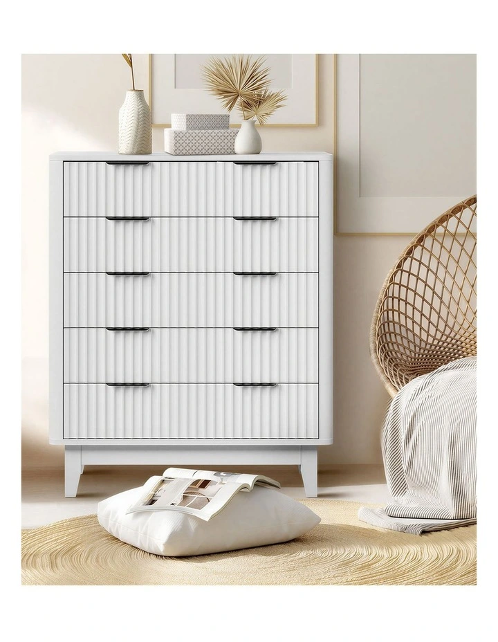 Oikiture 5 Chest of Drawers Storage Cabinet Dressers Tallboy Stripe White image 7