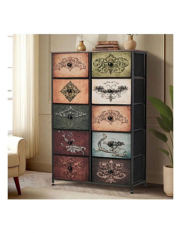 Oikiture 10 Chest Of Drawers Retro Tallboy Printed Foldable Fabric Drawers image 4