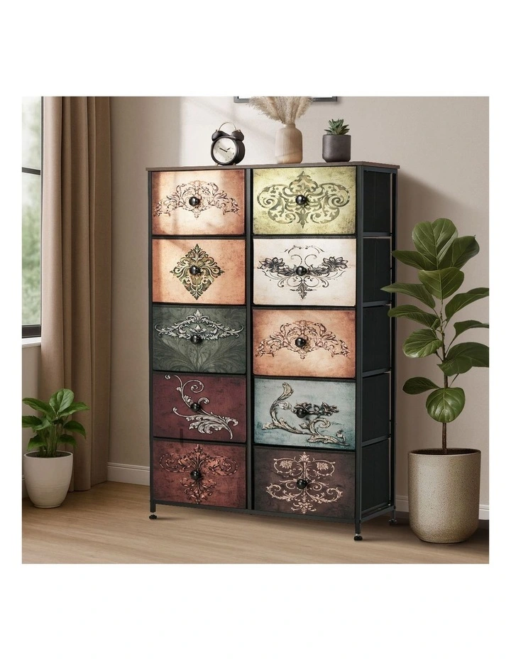 Oikiture 10 Chest Of Drawers Retro Tallboy Printed Foldable Fabric Drawers image 5