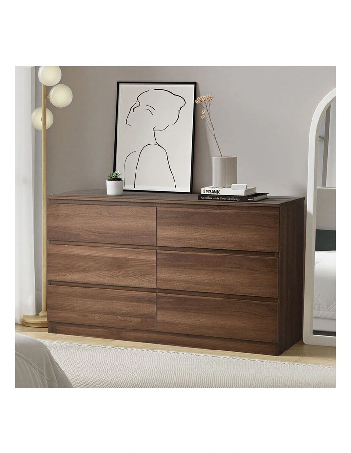 Oikiture 6 Chest of Drawers Lowboy Storage Cabinet Dresser Table Bedroom Walnut image 4