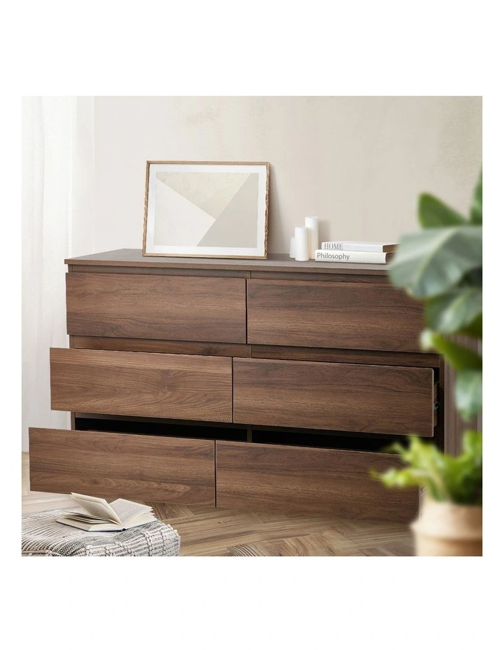 Oikiture 6 Chest of Drawers Lowboy Storage Cabinet Dresser Table Bedroom Walnut image 5