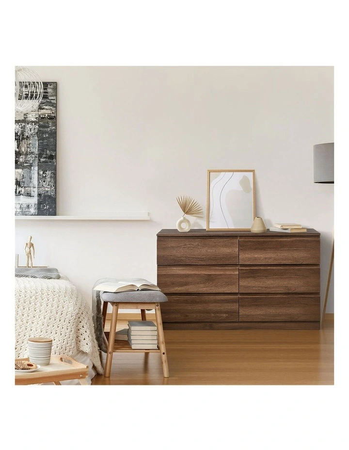 Oikiture 6 Chest of Drawers Lowboy Storage Cabinet Dresser Table Bedroom Walnut image 7