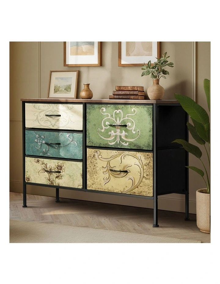 Oikiture 5 Chest Of Drawers Fabric Storage Cabinet Retro Lowboy Organizer image 4