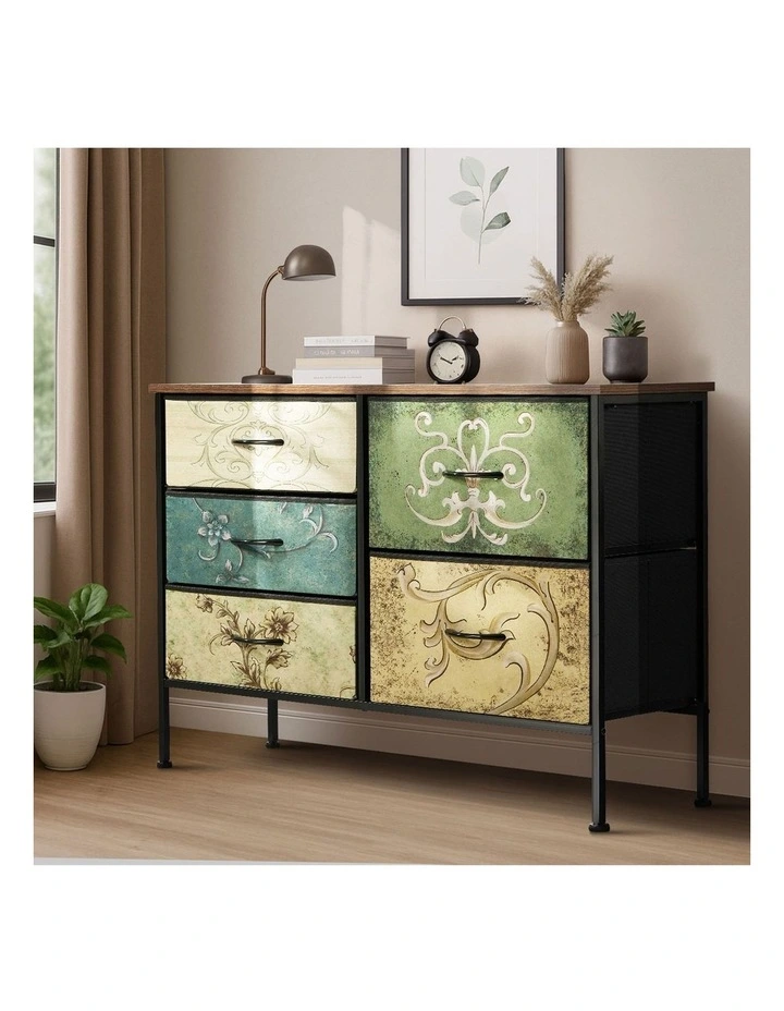 Oikiture 5 Chest Of Drawers Fabric Storage Cabinet Retro Lowboy Organizer image 5