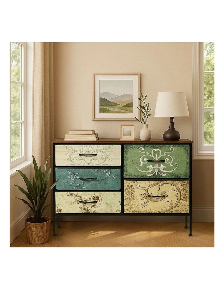 Oikiture 5 Chest Of Drawers Fabric Storage Cabinet Retro Lowboy Organizer image 7