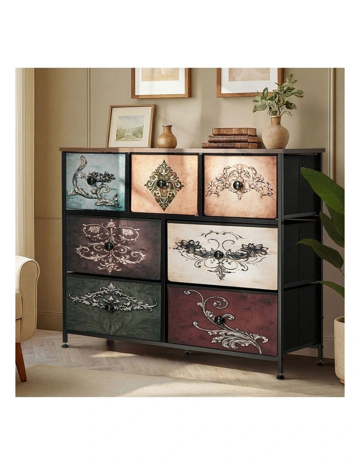 Oikiture 7 Chest Of Drawers Retro Tallboy Printed Foldable Fabric Drawers image 4