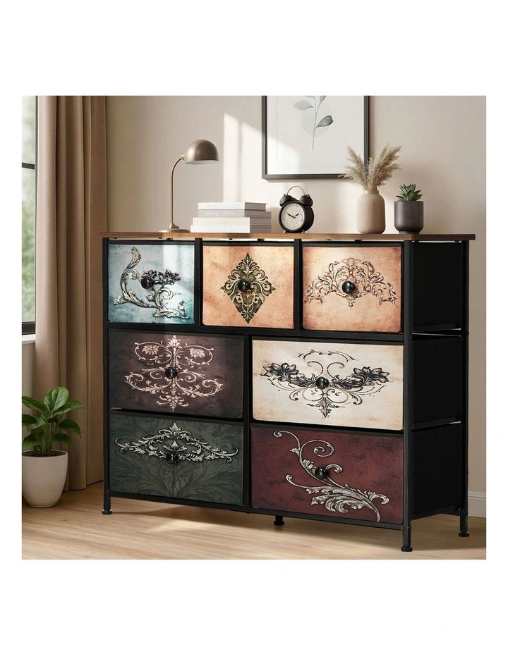 Oikiture 7 Chest Of Drawers Retro Tallboy Printed Foldable Fabric Drawers image 5