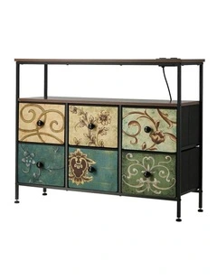 Oikiture 6 Chest of Drawers Fabric Retro Dresser Lowboy Shelf Charging Station
