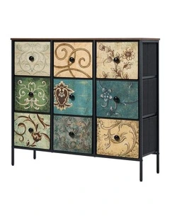 Oikiture 9 Chest of Drawers Fabric Storage Cabinet Retro Dresser Vintage Lowboy