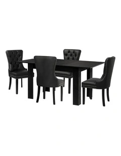 Oikiture 160cm Extendable Dining Table with 4PCS Dining Chairs PU Leather Black