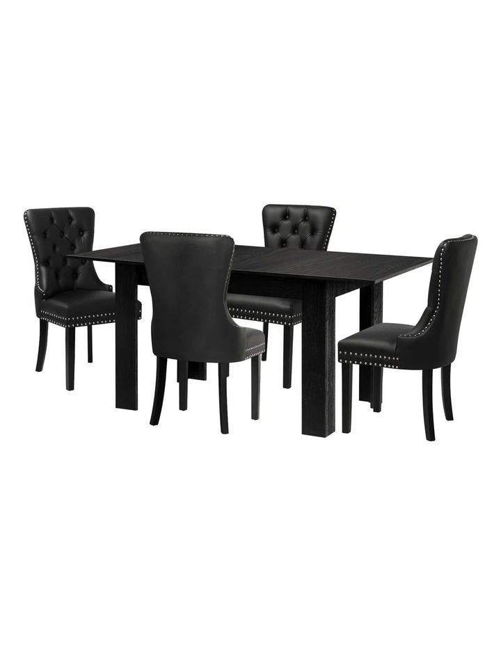 Oikiture 160cm Extendable Dining Table with 4PCS Dining Chairs PU Leather Black image 1