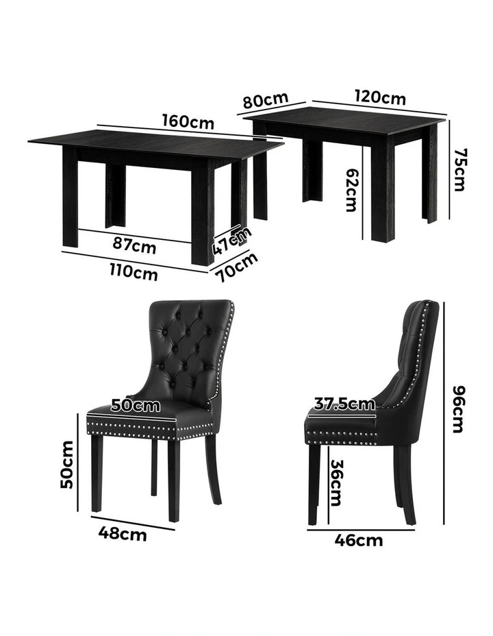 Oikiture 160cm Extendable Dining Table with 4PCS Dining Chairs PU Leather Black image 3